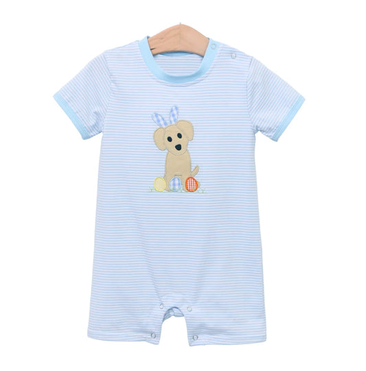 (Pre-order)SR2291  Dog Eggs Blue Stripes Print Baby Boys Easter Romper