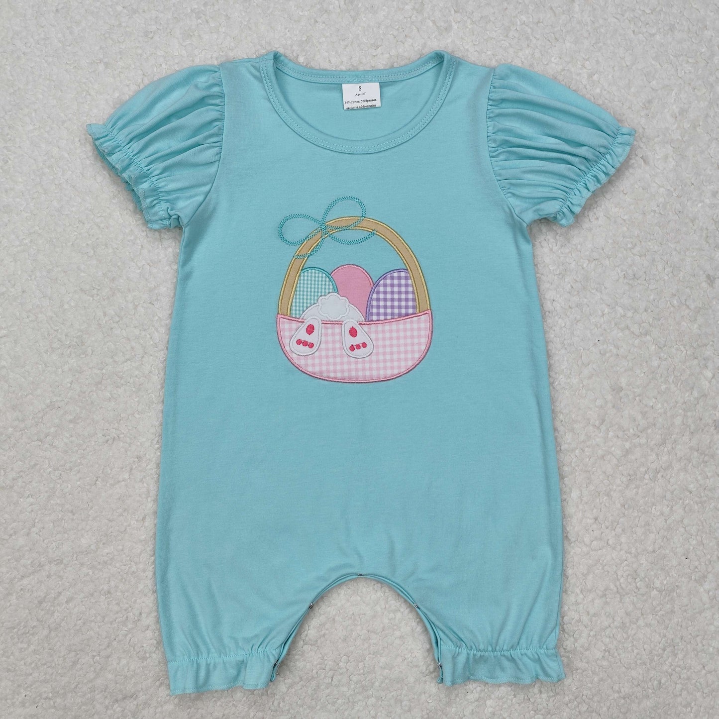 Bunny Eggs Embroidery Blue Baby Easter Romper Sibling Wear