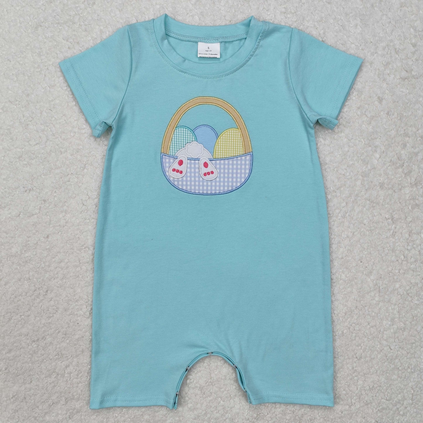 Bunny Eggs Embroidery Blue Baby Easter Romper Sibling Wear