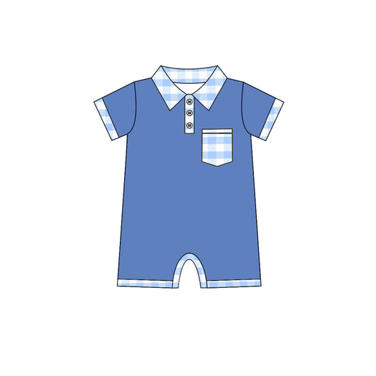 (Pre-order)SR2297  Plaid Blue Print Pocket Baby Boys Summer Romper