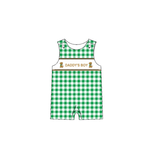 (Pre-order)SR2301  Daddy's Boy Dog Green Plaid Print Baby Boys Summer Romper