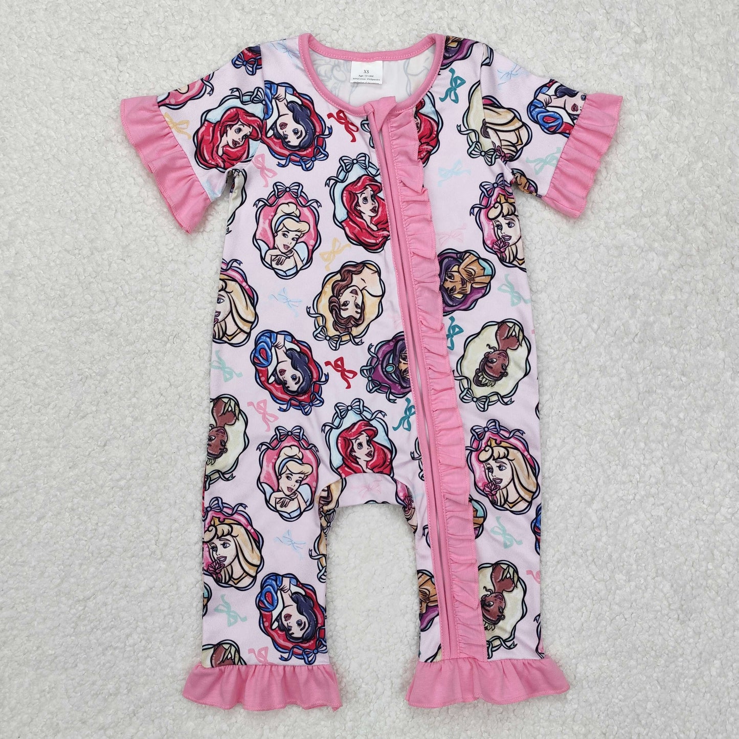 SR2309 Cartoon Princess Print Baby Girls Sleeper Zipper Romper