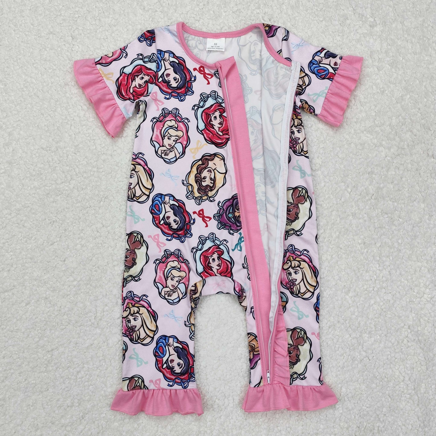 SR2309 Cartoon Princess Print Baby Girls Sleeper Zipper Romper