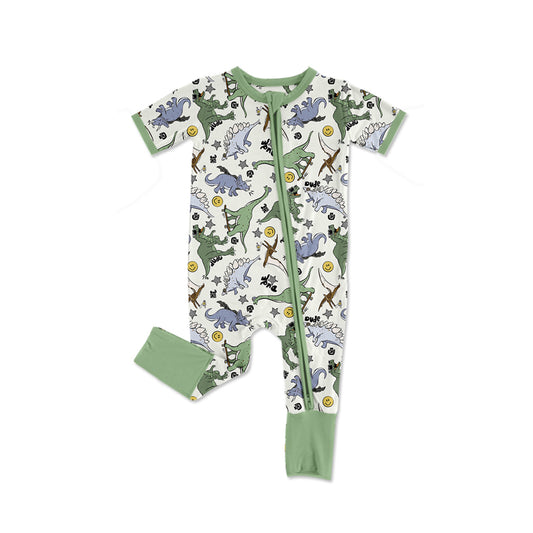 (Pre-order)SR2314 Dino Green Print Baby Boys Sleeper Zipper Romper