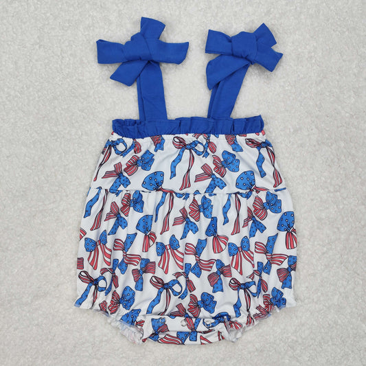 SR2318  Bows Stars Print Baby Girls 4th of July Strap Romper