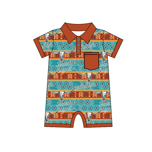 (Pre-order)SR2319  Cow Skull Aztec Western Print Baby Boys Summer Romper