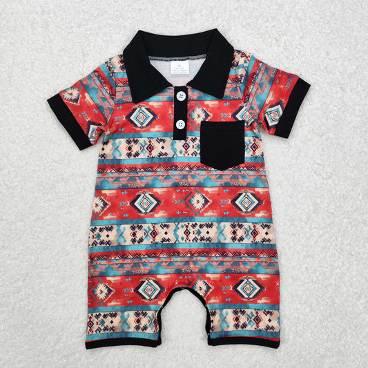 SR2320  Red Aztec Western Print Baby Boys Summer Romper