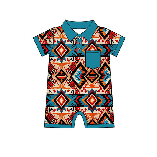 (Pre-order)SR2321  Blue Aztec Western Print Baby Boys Summer Romper