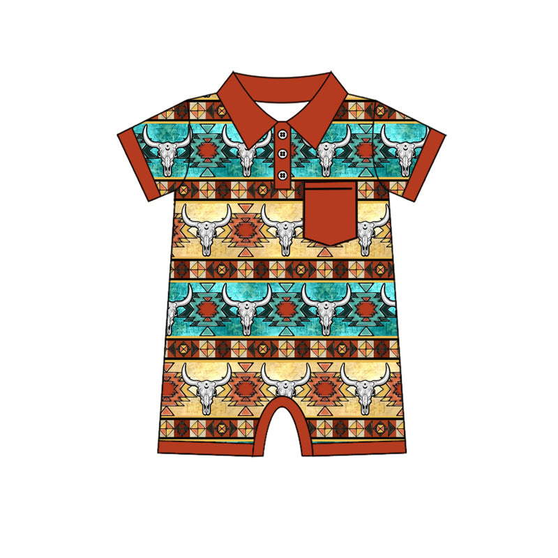 (Pre-order)SR2322  Brown Aztec Western Print Baby Boys Summer Romper
