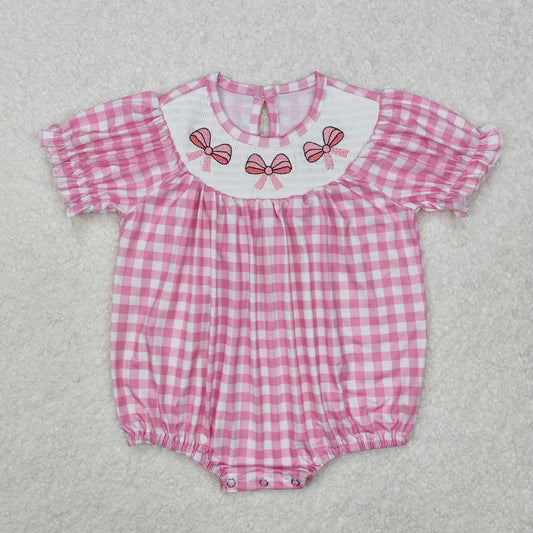 SR2325  Bows Embroidery Pink Plaid Print Baby Girls Summer Smocked Romper