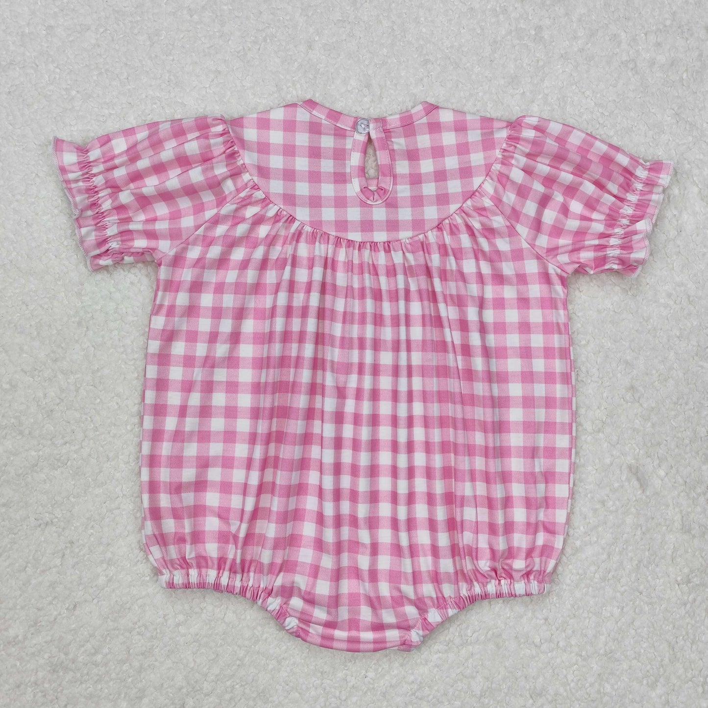 SR2325  Bows Embroidery Pink Plaid Print Baby Girls Summer Smocked Romper