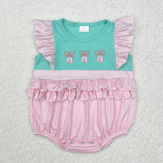 SR2326  Dance Shoes Embroidery Pink Stripes Print Baby Girls Summer Romper