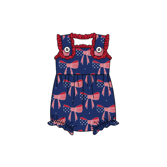 (Pre-order)SR2327  Bows Stars Print Baby Girls 4th of July Romper