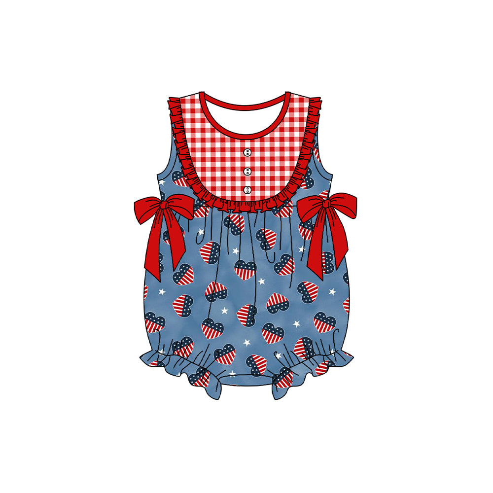 (Pre-order)SR2328  Heart Stars Print Baby Girls 4th of July Romper