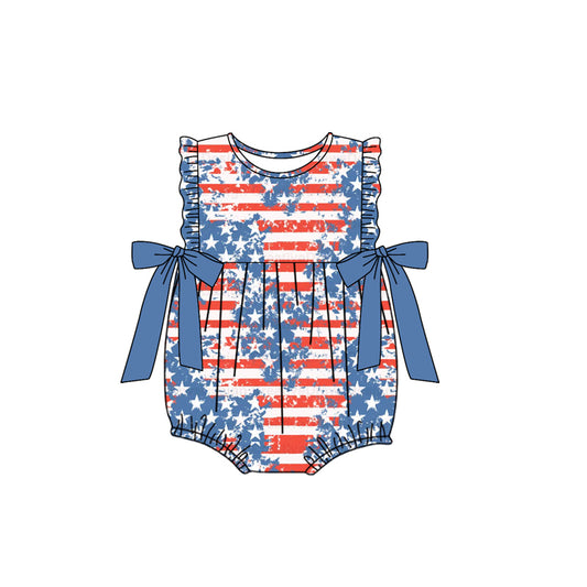 (Pre-order)SR2329  Stars Stripes Print Baby Girls 4th of July Romper
