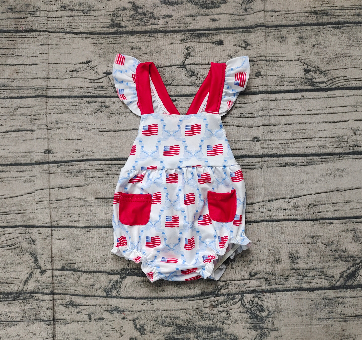 (Pre-order)SR2331  Bows Flags Print Baby Girls 4th of July Romper