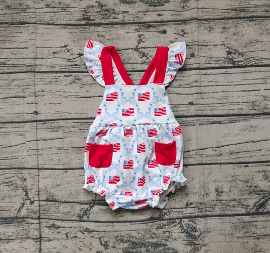 (Pre-order)SR2331  Bows Flags Print Baby Girls 4th of July Romper