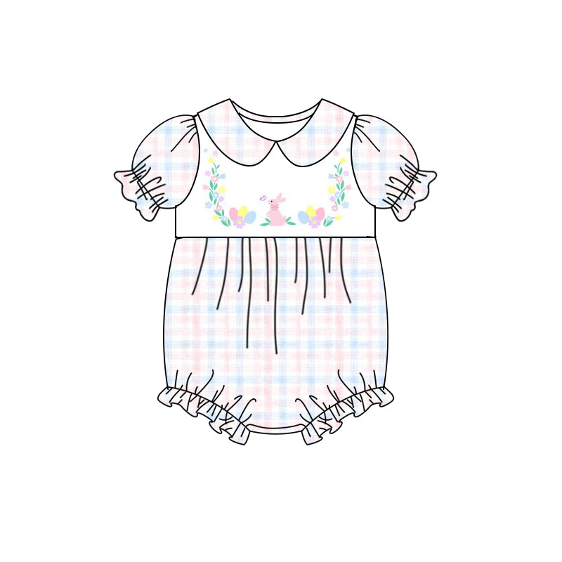 (Pre-order)SR2332  Bunny Plaid Print Baby Girls Easter Romper