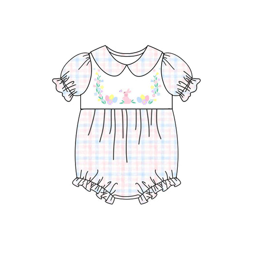 (Pre-order)SR2332  Bunny Plaid Print Baby Girls Easter Romper