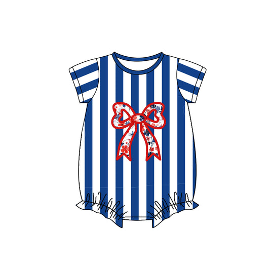 (Pre-order)SR2333  Flowers Bow Blue Stripes Print Baby Girls Summer Romper