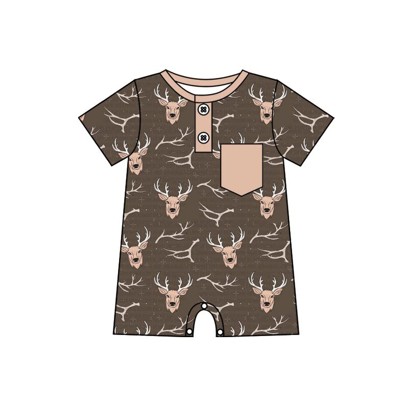 (Pre-order)SR2334  Deer Brown Print Baby Boys Summer Romper