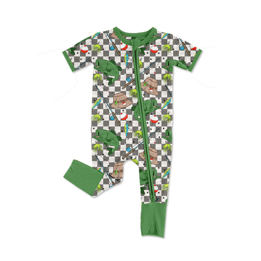 (Pre-order)SR2335 Fishing Plaid Print Baby Boys Sleeper Zipper Romper