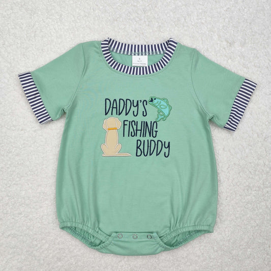 SR2336  DADDY'S FISHING BUDDY Embroidery Green Print Baby Boys Summer Romper