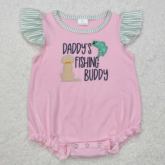 SR2337 DADDY'S FISHING BUDDY Embroidery Pink Print Baby Girls Summer Romper