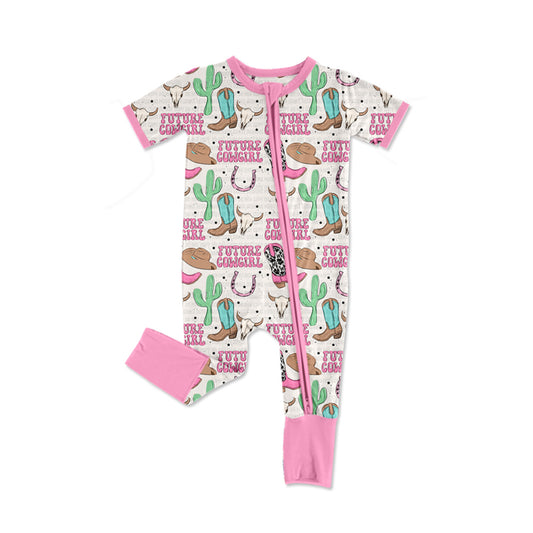 (Pre-order)SR2342 Cowgirl Boots Cactus Western Print Baby Girls Sleeper Zipper Romper