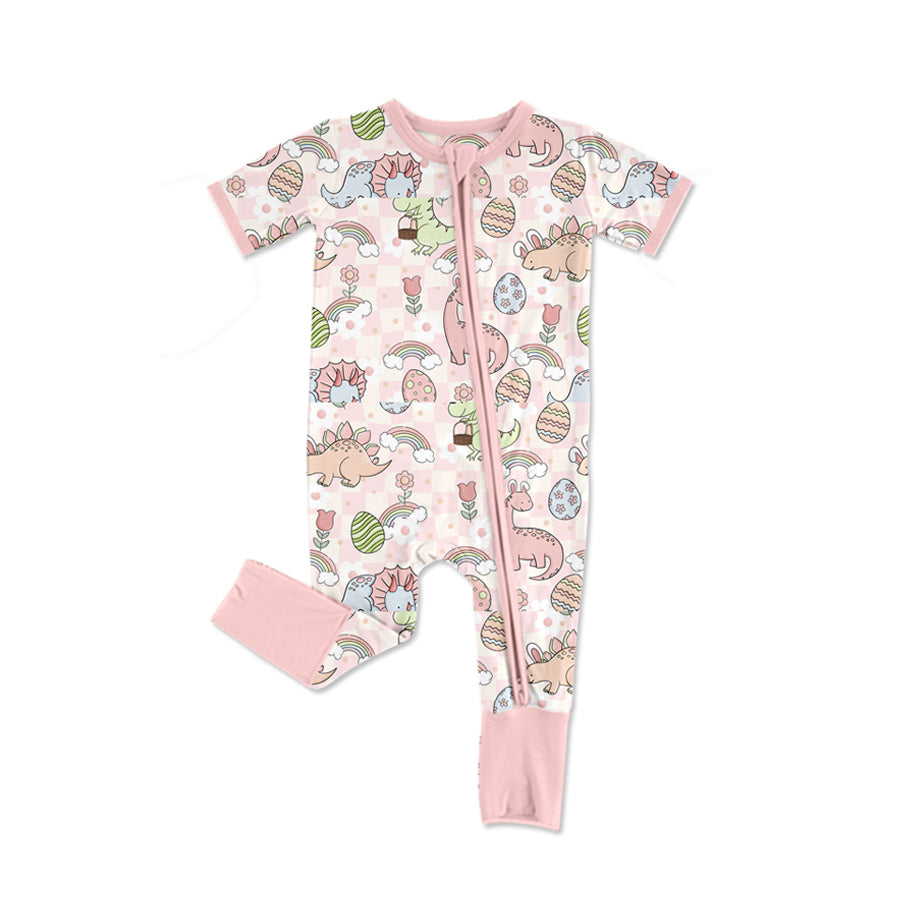 (Pre-order)SR2343 Dino Eggs Flowers Print Baby Girls Easter Sleeper Zipper Romper