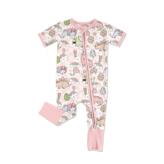 (Pre-order)SR2343 Dino Eggs Flowers Print Baby Girls Easter Sleeper Zipper Romper