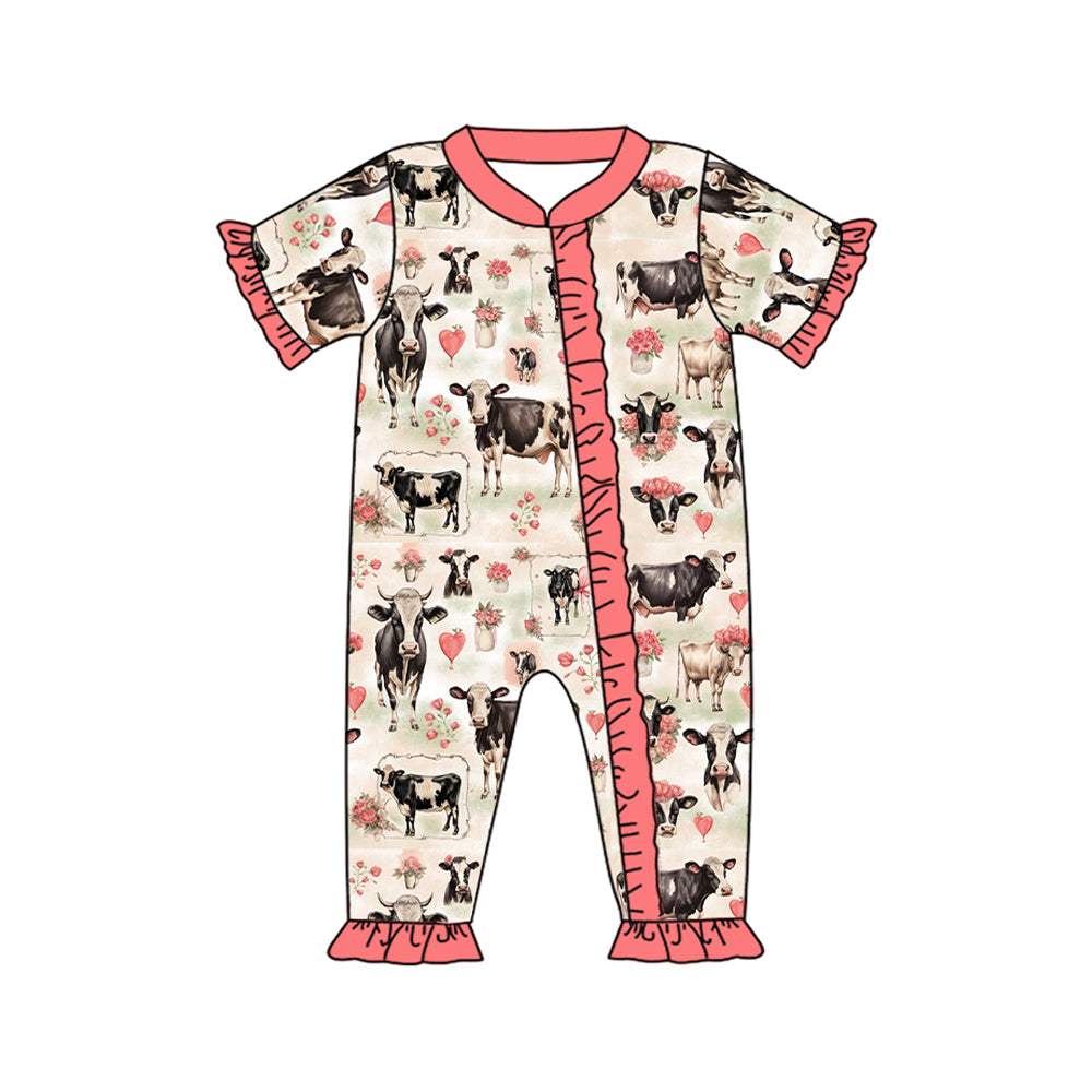 (Pre-order)SR2345 Cows Heart Flowers Print Baby Girls Valentine's Day Sleeper Zipper Romper