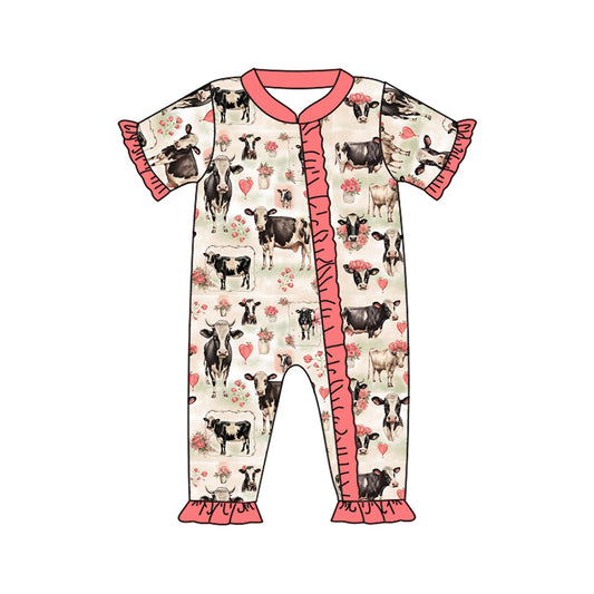 (Pre-order)SR2345 Cows Heart Flowers Print Baby Girls Valentine's Day Sleeper Zipper Romper