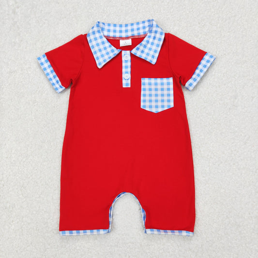 SR2352  Blue Plaid Red Pocket Baby Boys 4th of July Romper