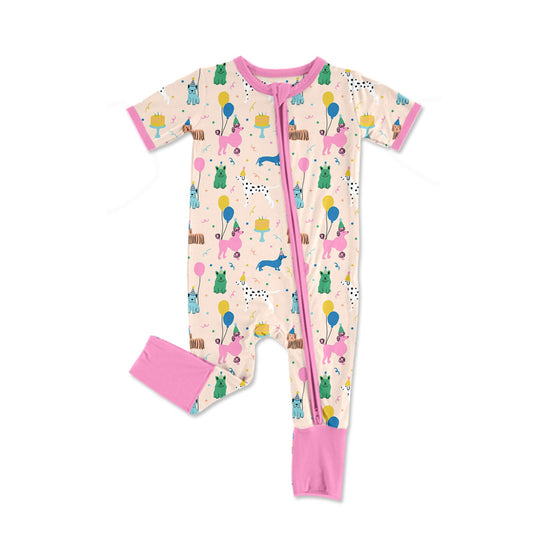 (Pre-order)SR2370 Happy Birthday Dog Pink Print Baby Girls Sleeper Zipper Romper