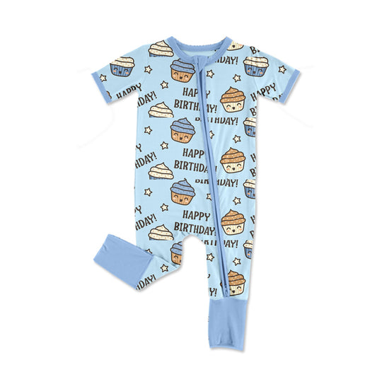 (Pre-order)SR2371 Happy Birthday Cake Blue Print Baby Boys Sleeper Zipper Romper