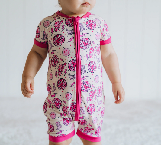 (Pre-order)SR2372 Smiling Face Boots Pink Print Baby Girls Summer Sleeper Zipper Romper
