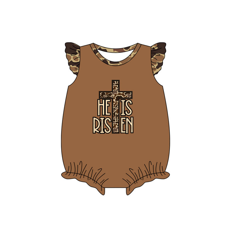 (Pre-order)SR2375 HE IS RISEN Camo Brown Print Baby Girls Easter Romper