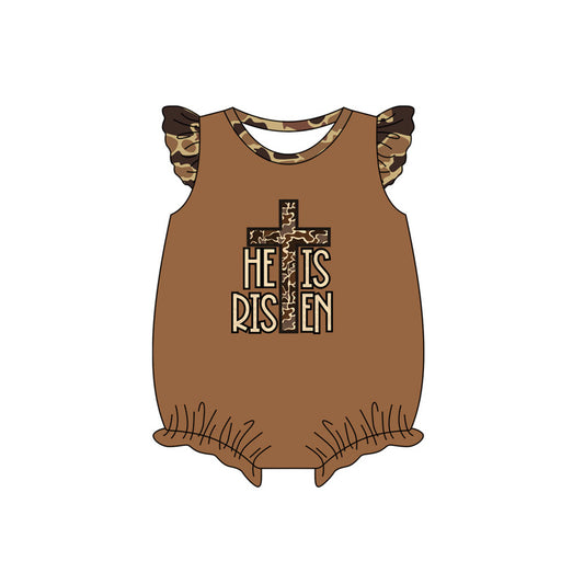 (Pre-order)SR2375 HE IS RISEN Camo Brown Print Baby Girls Easter Romper
