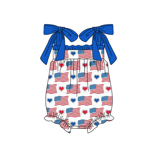 (Pre-order)SR2377 Flag Heart Print Baby Girls 4th of July Romper