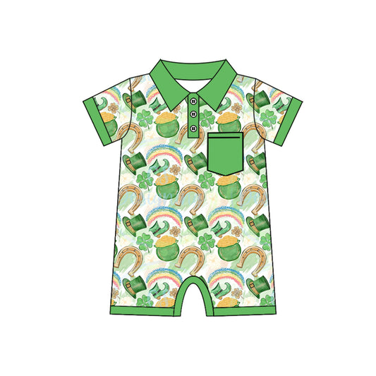 (Pre-order)SR2381 Gold Leaf Hat Boots Rainbow Print Baby Boys St. Patrick's Day Romper