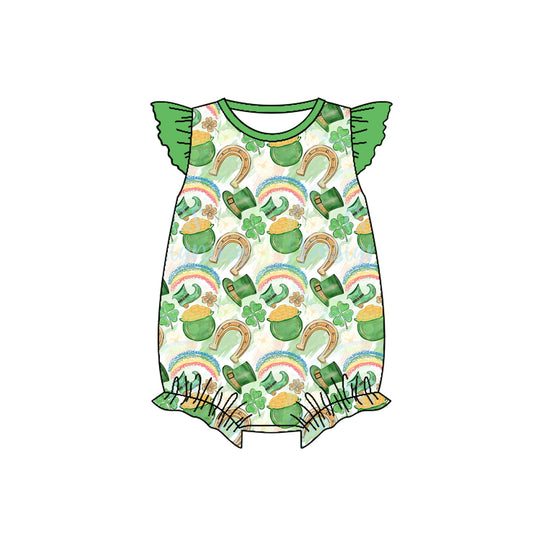 (Pre-order)SR2382 Gold Leaf Hat Boots Rainbow Print Baby Girls St. Patrick's Day Romper