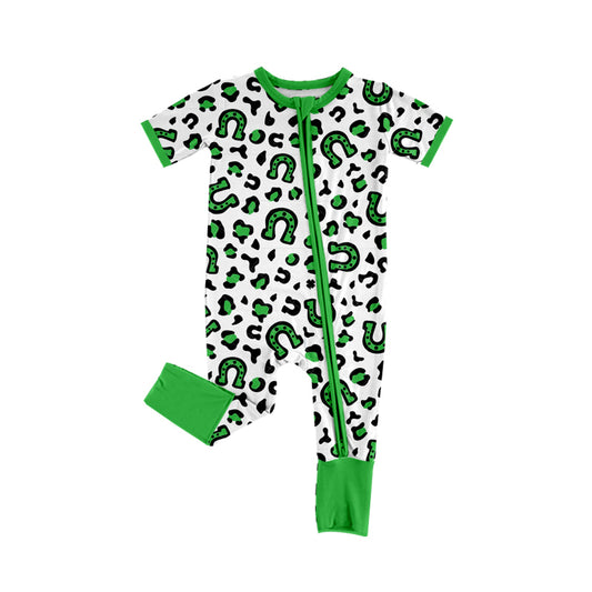 (Pre-order)SR2383 Green Leopard Print Baby Girls St. Patrick's Day Sleeper Zipper Romper