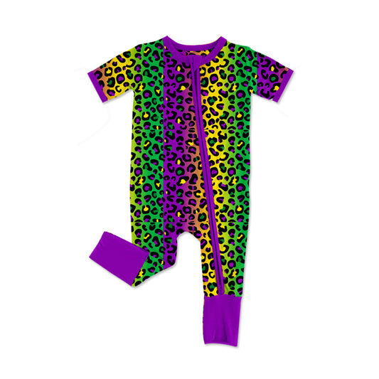 (Pre-order)SR2384 Colorful Leopard Print Baby Girls Mardi Gras Sleeper Zipper Romper