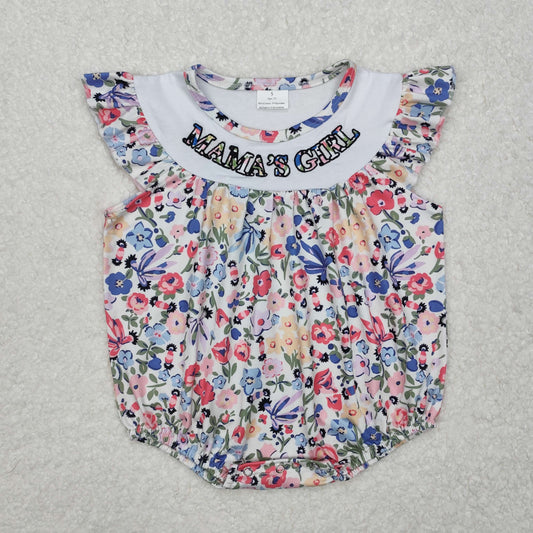 SR2386 MAMA'S Girl Embroidery Flowers Print Baby Girls Summer Romper