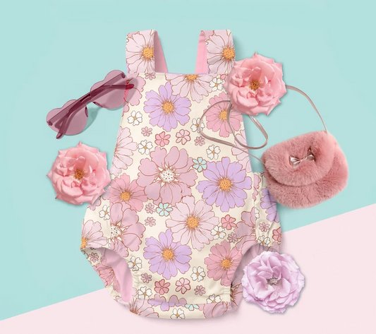 (Pre-order)SR2389 Pink Flowers Print Baby Girls Summer Bubble Romper