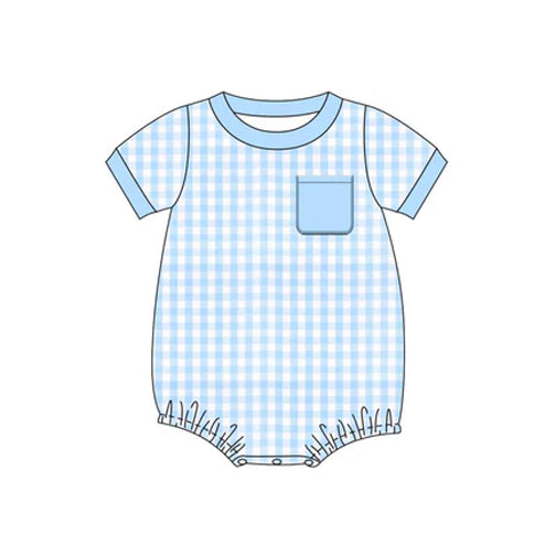 (Pre-order)SR2390 Blue Plaid Print Baby Boys Short Sleeve Romper