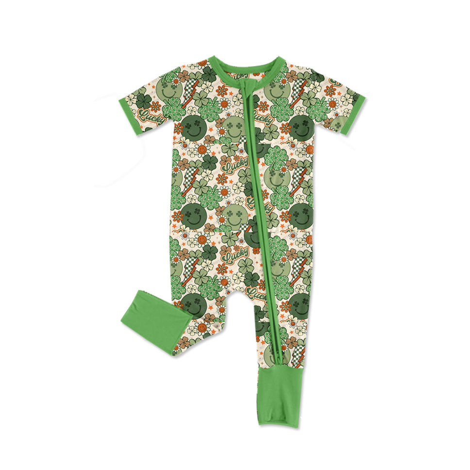 (Pre-order)SR2395 Lucky Leaf Smiling Face Flowers Print Baby Girls St. Patrick's Day Sleeper Zipper Romper