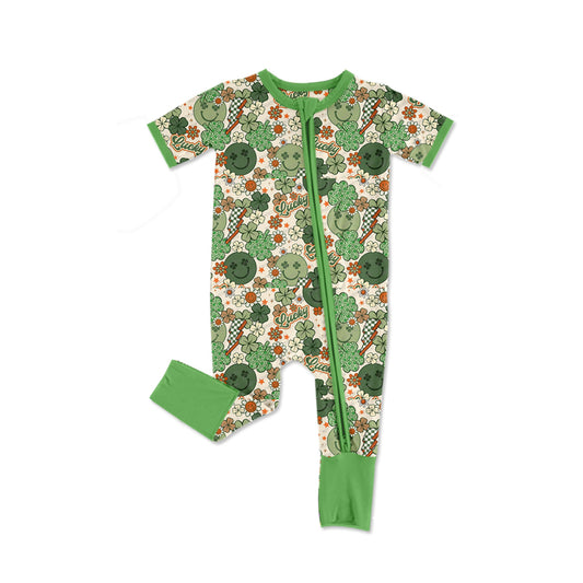 (Pre-order)SR2395 Lucky Leaf Smiling Face Flowers Print Baby Girls St. Patrick's Day Sleeper Zipper Romper