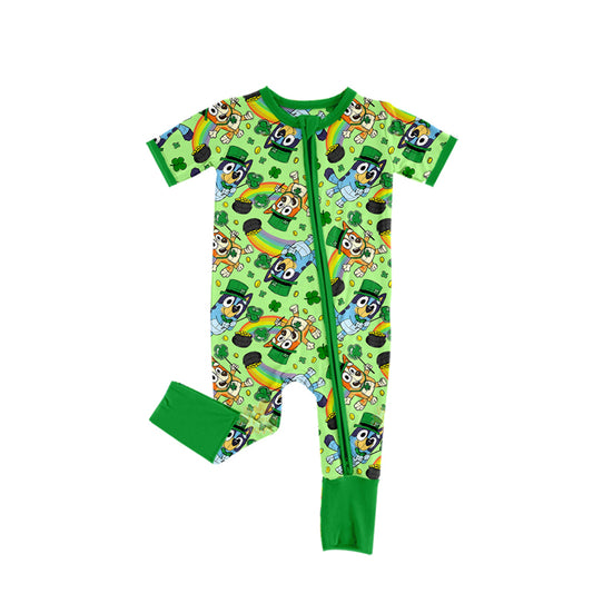(Pre-order)SR2396 Cartoon Dog Rainbow Leaf Print Baby Girls St. Patrick's Day Sleeper Zipper Romper
